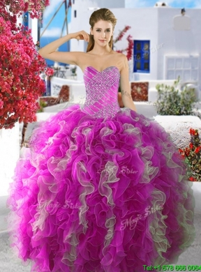 Perfect Fuchsia and White Quinceanera Dress with Beading and Ruffles