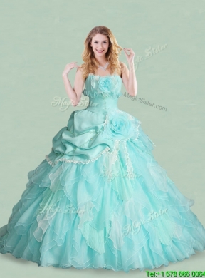 Best Spaghetti Straps Handcrafted Flowers and Bubble Quinceanera Dress with Brush Train