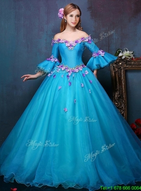 Low Price Off the Shoulder Applique Sweet 16 Dress in Aqua Blue