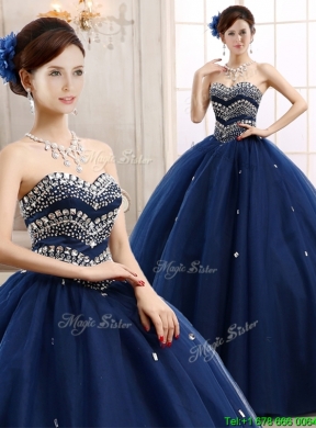 New Style Rhinestoned Big Puffy Sweet 15 Dress in Navy Blue