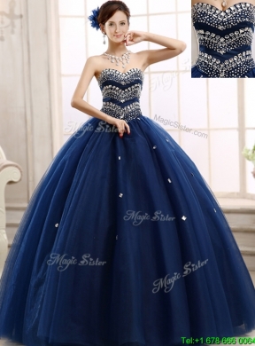 New Style Rhinestoned Big Puffy Sweet 15 Dress in Navy Blue