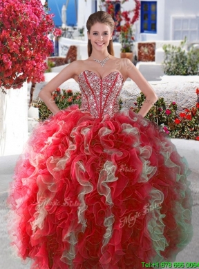 Beautiful Beaded and Ruffled Visible Boning Sweet 15 Dress in Red and White