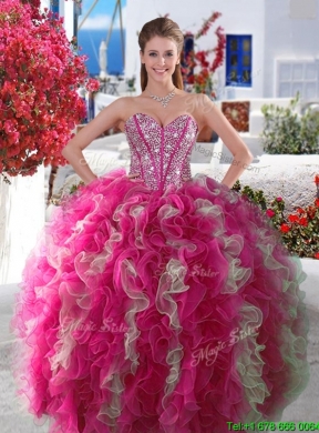 Beautiful Beaded and Ruffled Visible Boning Sweet 15 Dress in Red and White