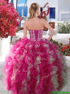 Beautiful Beaded and Ruffled Visible Boning Sweet 15 Dress in Red and White