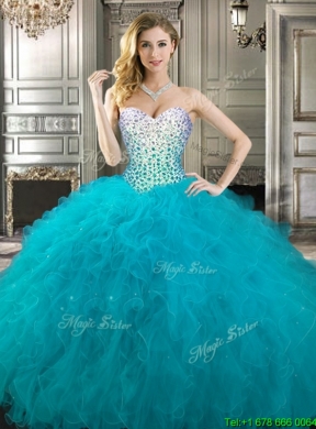 Beautiful Really Puffy Beaded and Ruffled Quinceanera Gown in Teal