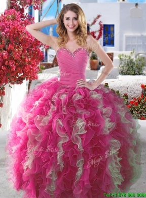 Luxurious Beaded and Ruffled Sweet 16 Dress in Hot Pink and Champagne