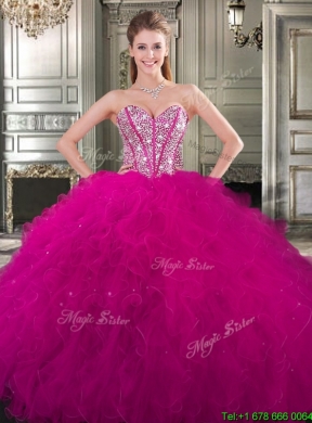 Unique Ball Gown Fuchsia Sweet 16 Dress with Beading and Ruffles