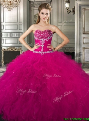 Perfect Tulle Beaded and Ruffled Fuchsia Sweet 15 Dress for 2016