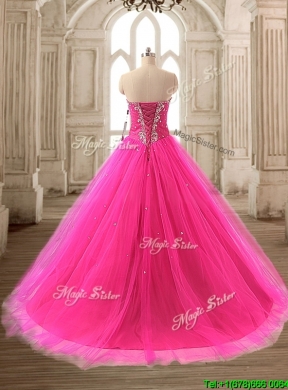 Elegant Beaded Hot Pink Sweet 16 Gown with Brush Train