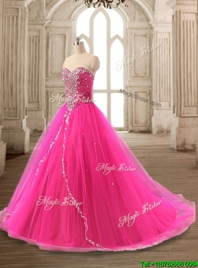 Elegant Beaded Hot Pink Sweet 16 Gown with Brush Train