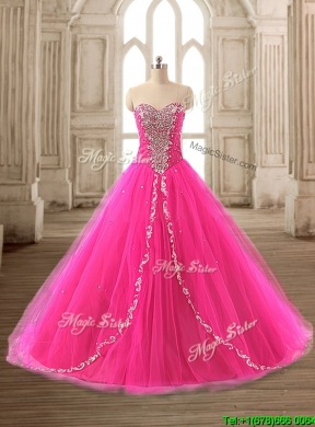 Elegant Beaded Hot Pink Sweet 16 Gown with Brush Train