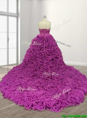 Gorgeous Rolling Flowers Court Train Quinceanera Gown with Beading