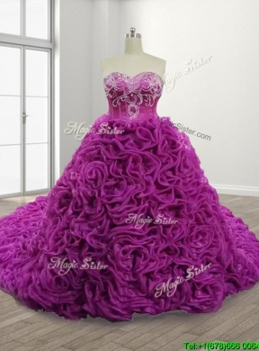 Gorgeous Rolling Flowers Court Train Quinceanera Gown with Beading