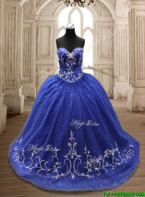 Perfect Applique Royal Blue Sweet 16 Dress with Brush Train