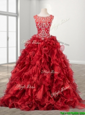 See Through Beaded Scoop Wine Red Quinceanera Dress with Brush Train