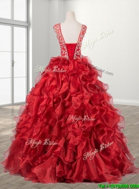 See Through Beaded Scoop Wine Red Quinceanera Dress with Brush Train