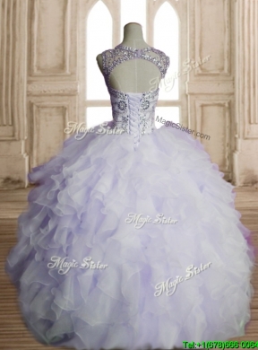 See Through Scoop Lavender Sweet 16 Dress with Beading and Ruffles