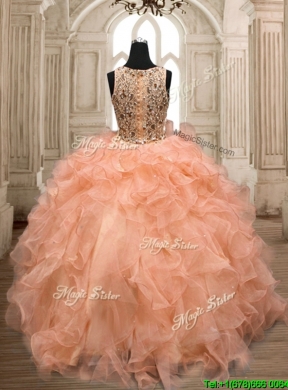 Unique Scoop Orange Sweet 16 Dress with Beading and Ruffles