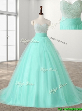 Wonderful A Line Beading Sweet 16 Dress with Brush Train