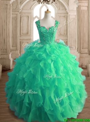 Affordable Beaded and Ruffled Straps Quinceanera Dress in Spring Green