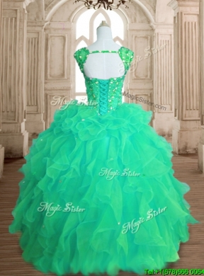 Affordable Beaded and Ruffled Straps Quinceanera Dress in Spring Green