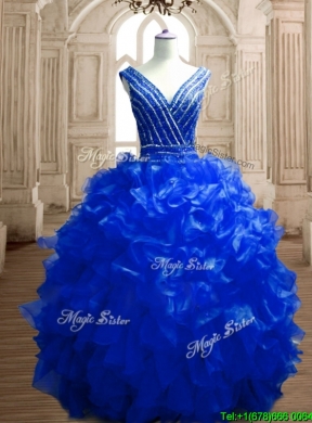 Modest Beaded and Ruffled Deep V Neckline Quinceanera Dress in Royal Blue