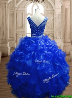 Modest Beaded and Ruffled Deep V Neckline Quinceanera Dress in Royal Blue