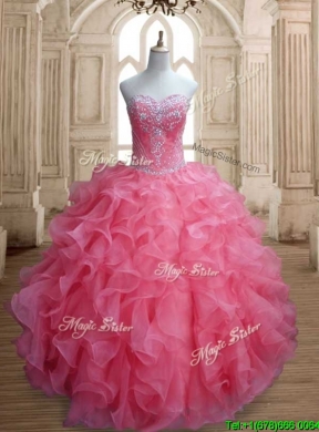 New Style Beaded and Ruffled Quinceanera Dress in Watermelon