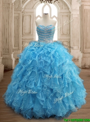 Perfect Aqua Blue Organza Quinceanera Dress with Beading and Ruffles