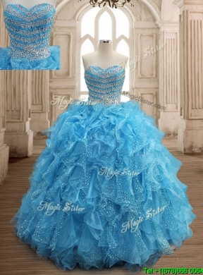 Perfect Aqua Blue Organza Quinceanera Dress with Beading and Ruffles