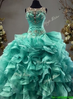 See Through Scoop Turquoise Sweet 16 Dress with Beading and Ruffles