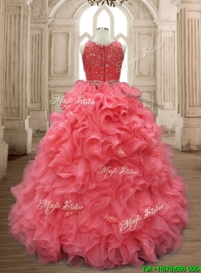 Two Piece Scoop Watermelon Red Quinceanera Dress with Beading and Ruffles