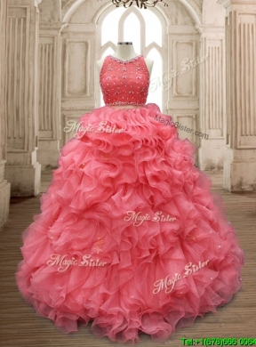 Two Piece Scoop Watermelon Red Quinceanera Dress with Beading and Ruffles