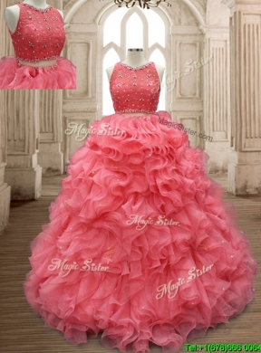 Two Piece Scoop Watermelon Red Quinceanera Dress with Beading and Ruffles