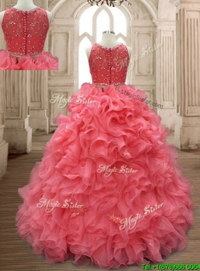 Two Piece Scoop Watermelon Red Quinceanera Dress with Beading and Ruffles