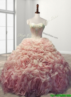 Beautiful Rolling Flowers Baby Pink Sweet 16 Dress with Beading