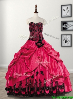 Elegant Hand Made Flowers and Pick Ups Taffeta Sweet 16 Dress in Coral Red