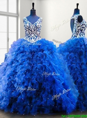 Popular V Neck Beading and Ruffles Sweet 16 Dress in Royal Blue