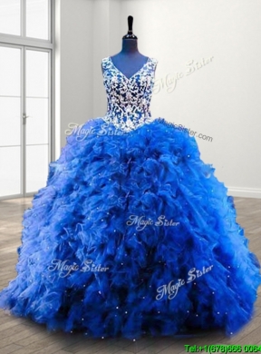 Popular V Neck Beading and Ruffles Sweet 16 Dress in Royal Blue