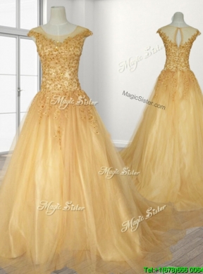 See Through Scoop A Line Beading Quinceanera Gown with Brush Train