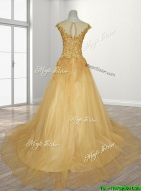 See Through Scoop A Line Beading Quinceanera Gown with Brush Train