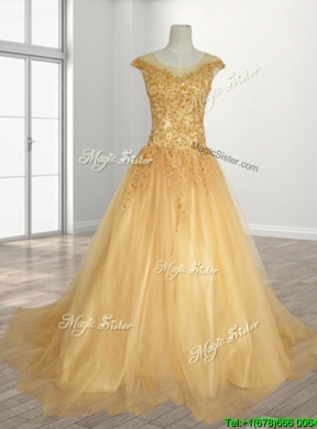 See Through Scoop A Line Beading Quinceanera Gown with Brush Train