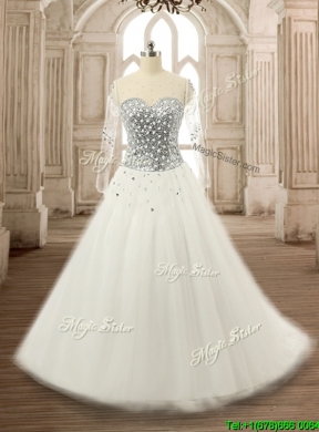 See Through Scoop Long Sleeves White Quinceanera Dress with Beading