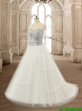 See Through Scoop Long Sleeves White Quinceanera Dress with Beading