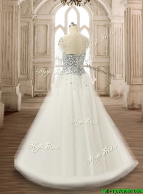 See Through Scoop Long Sleeves White Quinceanera Dress with Beading