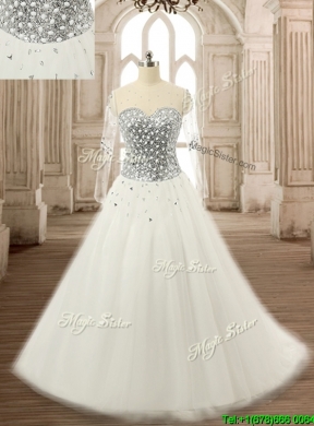 See Through Scoop Long Sleeves White Quinceanera Dress with Beading