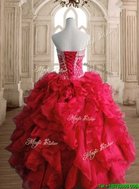 Luxurious Red Big Puffy Sweet 16 Dress with Beading and Ruffles