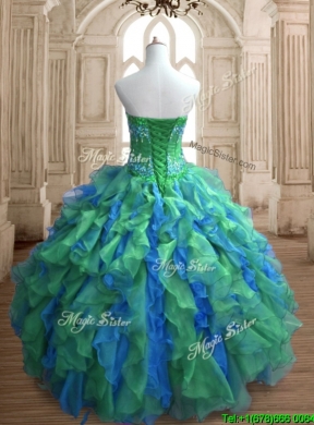 Most Popular Applique and Ruffled Quinceanera Dress in Green and Blue