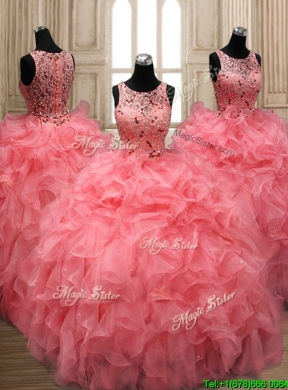 Perfect Scoop Beaded and Ruffled Quinceanera Dress in Watermelon Red