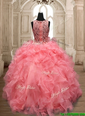 Perfect Scoop Beaded and Ruffled Quinceanera Dress in Watermelon Red